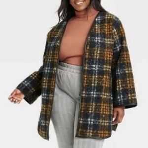 Ava Viv Plaid Long Sleeve Overcoat Size 1X Yellow/Black Pockets